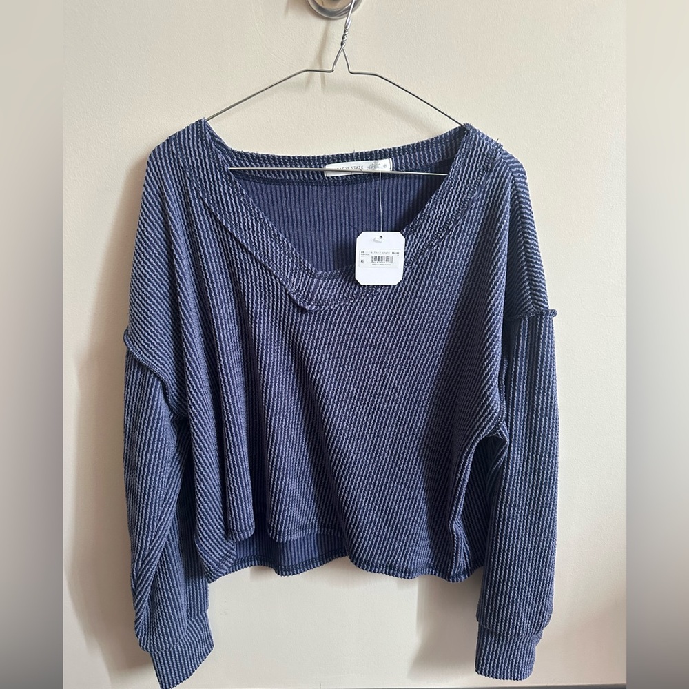 Altar'd State Blue Ribbed Long Sleeve Tee